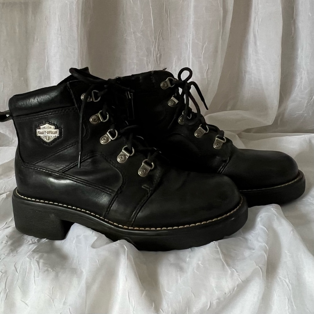 Harley Davidson Black Leather Lace-up Motorcycle Boots Size 8